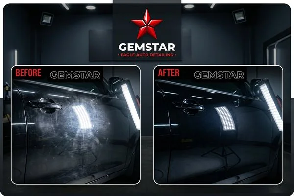 Paint correction before and after comparison showing swirl mark removal under LED inspection light