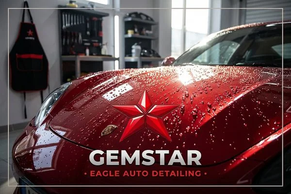 Water beading perfectly on a freshly ceramic coated red sports car hood in bright Idaho sunlight