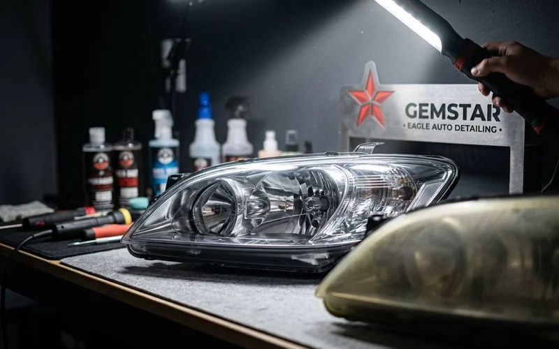 Headlight Restoration example work by Gemstar Eagle Auto Detailing