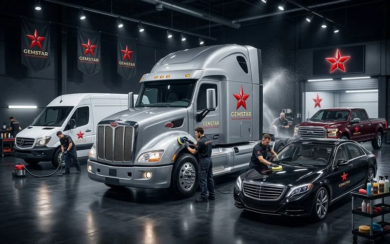 Fleet of commercial vehicles being detailed on-site