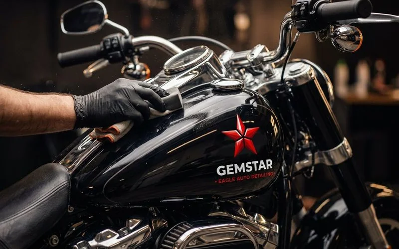 Motorcycle receiving detailed hand cleaning and polish
