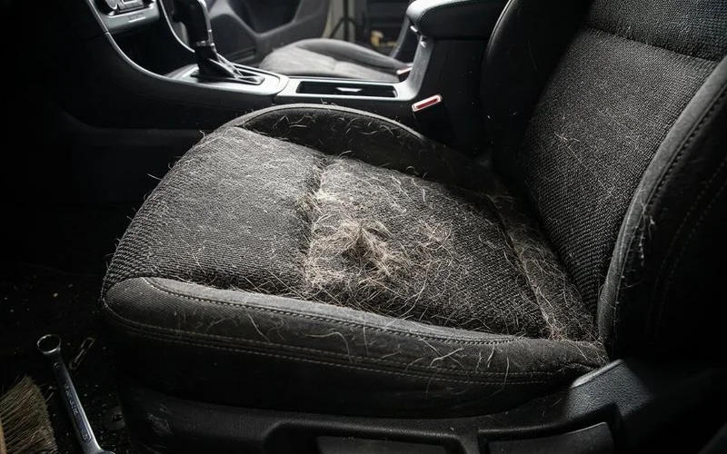 Pet hair deeply embedded in car seat fabric