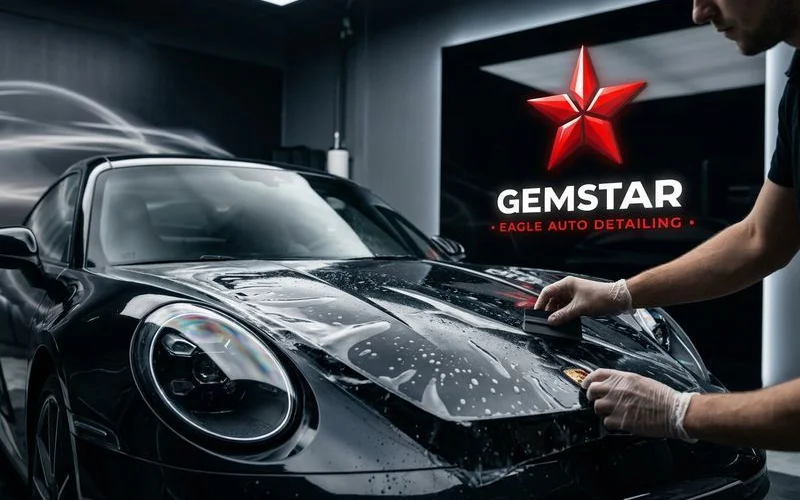 PPF being carefully applied to vehicle hood