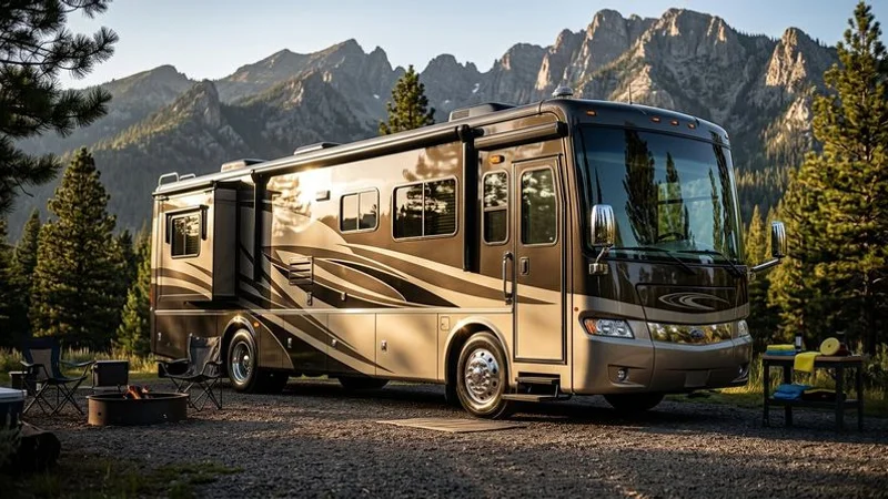 A beautifully detailed RV gleaming in the sunlight ready for an Idaho camping adventure with mountains in the background