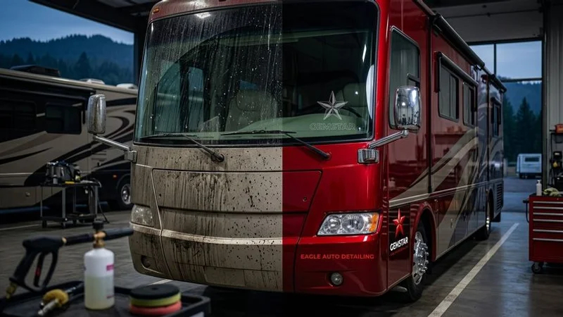 A large Class A motorhome parked at a campsite in the Idaho mountains showing road grime and environmental contamination