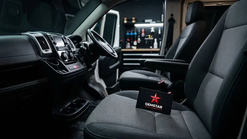 The clean and organized interior living space of a professionally detailed RV showing fresh upholstery and spotless surfaces