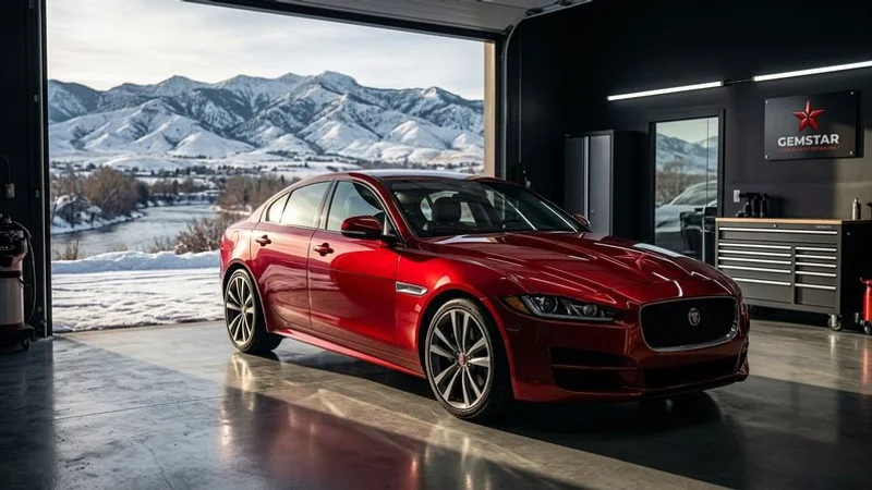 A clean and protected vehicle gleaming in winter sunlight outside a home in Eagle Idaho with snow-covered mountains behind