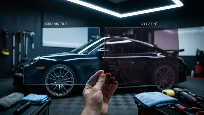 Close-up comparison of ceramic and dyed window tint film samples showing the difference in material construction and clarity