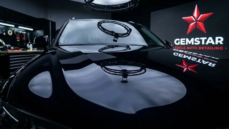 A freshly corrected dark vehicle reflecting studio lights with mirror-like clarity at Gemstar Eagle Auto Detailing