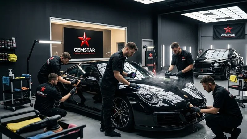 The Gemstar Eagle Auto Detailing team working on a vehicle in their professional Eagle Idaho studio facility