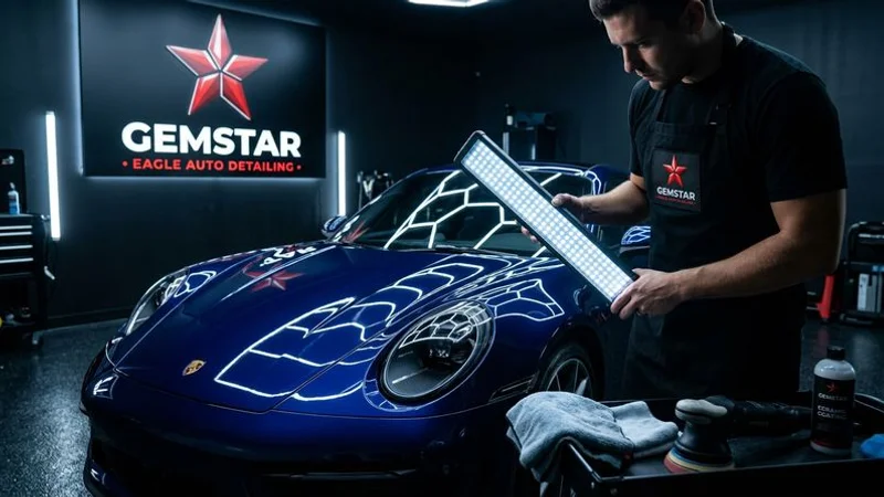 Gemstar Eagle detailing studio with bright LED inspection lights illuminating a vehicle being prepared for ceramic coating