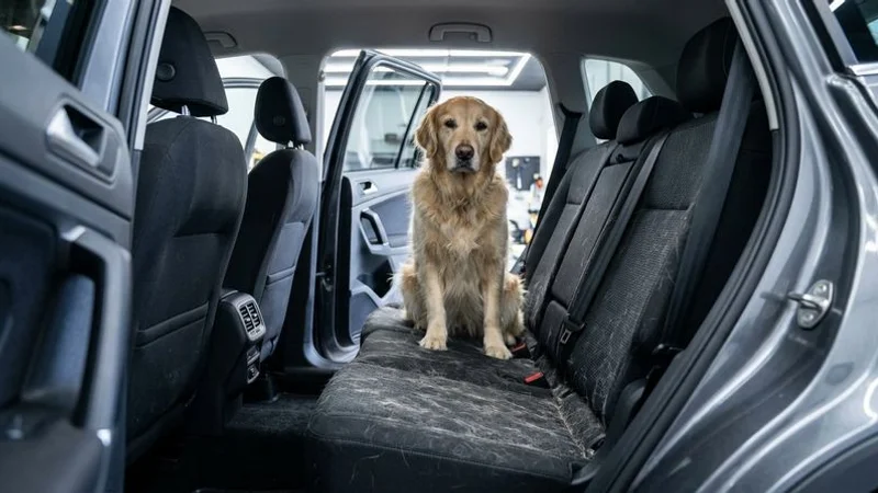 A golden retriever sitting in the back seat of an SUV with visible pet hair on the fabric seats and floor mats