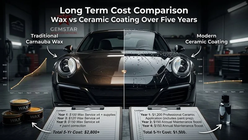 Comparison chart showing long-term cost of wax maintenance versus ceramic coating over a five year period for Idaho vehicle owners