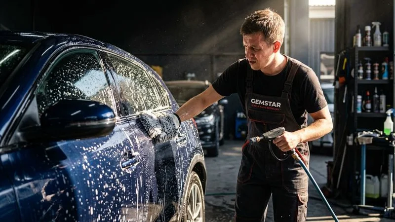 A person washing a car in harsh direct sunlight with soap drying on the paint surface before it can be rinsed off