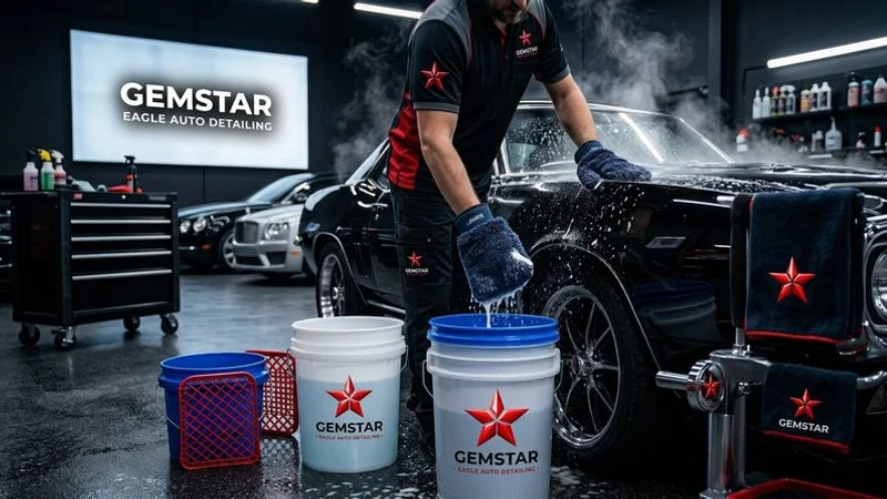 A person washing their car in a driveway using the two bucket method with proper wash mitts and soap on a weekend