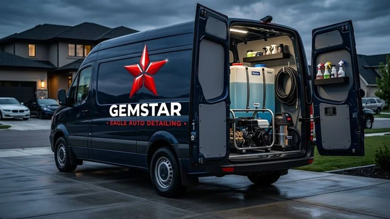 A professional mobile detailing van with onboard water tank and equipment set up in a residential driveway in Eagle Idaho