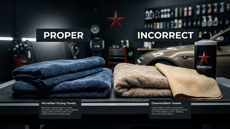A collection of proper car drying microfiber towels next to incorrect drying materials like bath towels and chamois leather