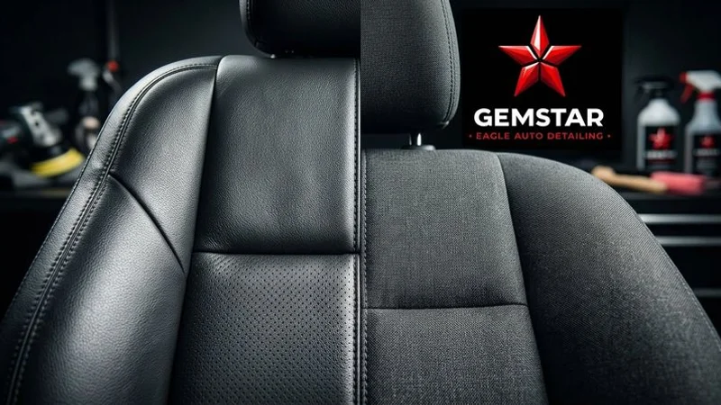 Side-by-side comparison of leather and fabric car seat materials showing texture and appearance differences close up