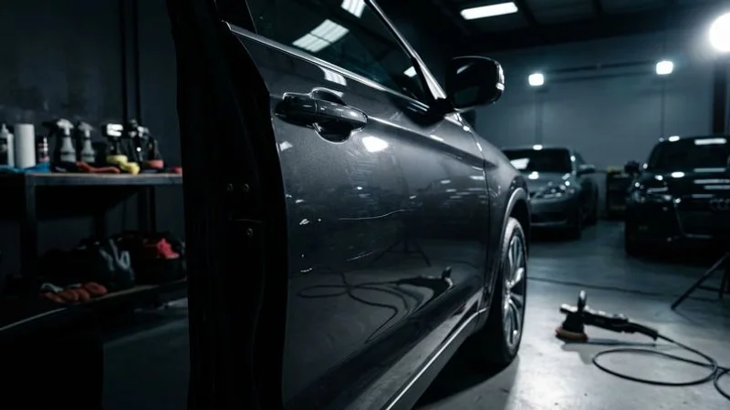A vehicle door panel showing light scratches from parking lot contact that can be removed with professional paint correction