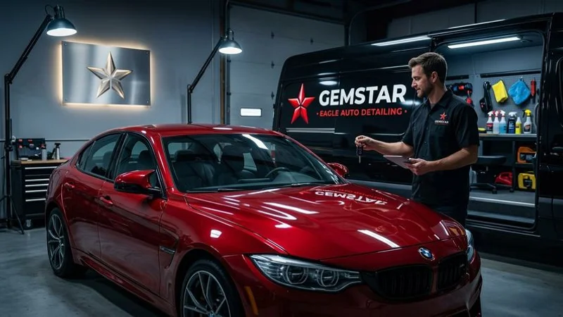 A happy vehicle owner receiving their freshly detailed car from a mobile detailing professional in an Eagle Idaho neighborhood
