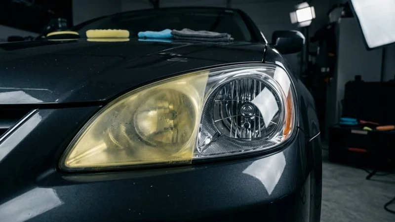 A vehicle showing severely yellowed and foggy headlight lenses compared to the original clarity they had when new