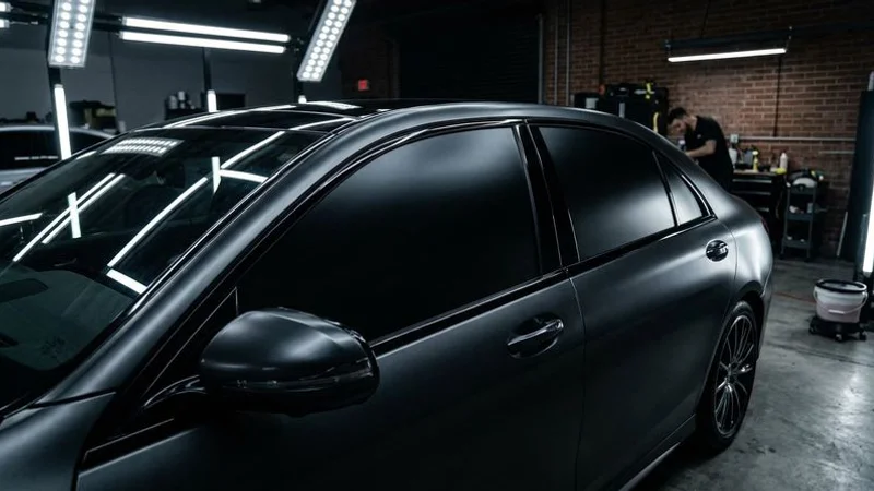A vehicle with dyed window tint showing the dark matte appearance from outside in a parking lot setting