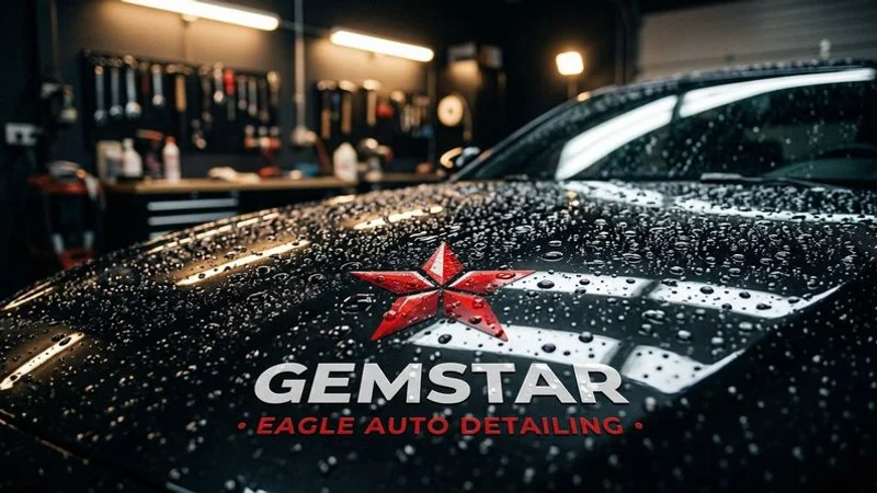 Close-up of water beading perfectly on a ceramic coated black vehicle hood demonstrating strong hydrophobic properties after two years